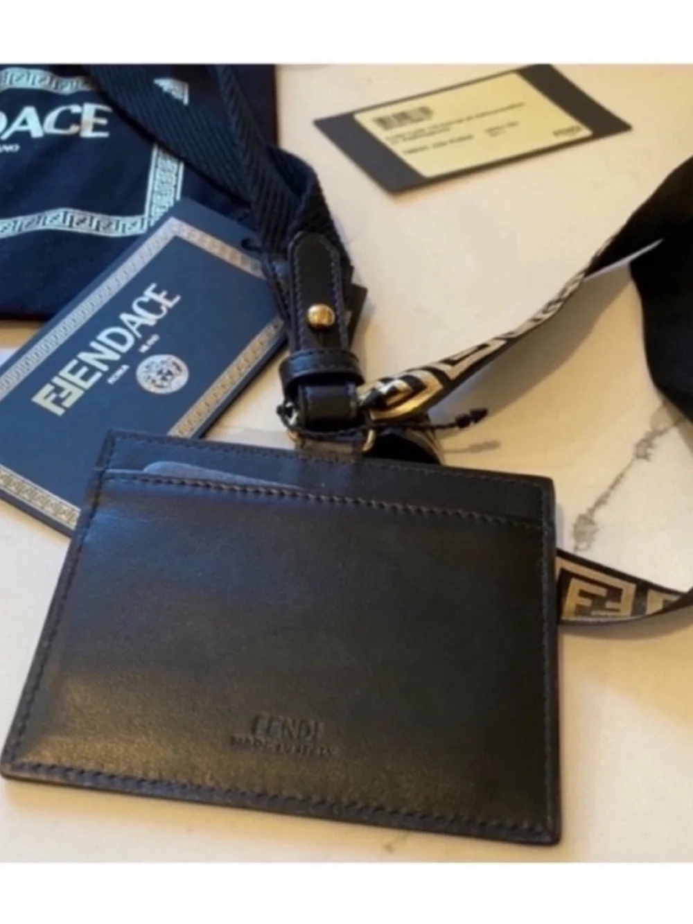 Fendi x Versace Collab Fendace NEW Leather Card Case Lanyard Ribbon Set Black